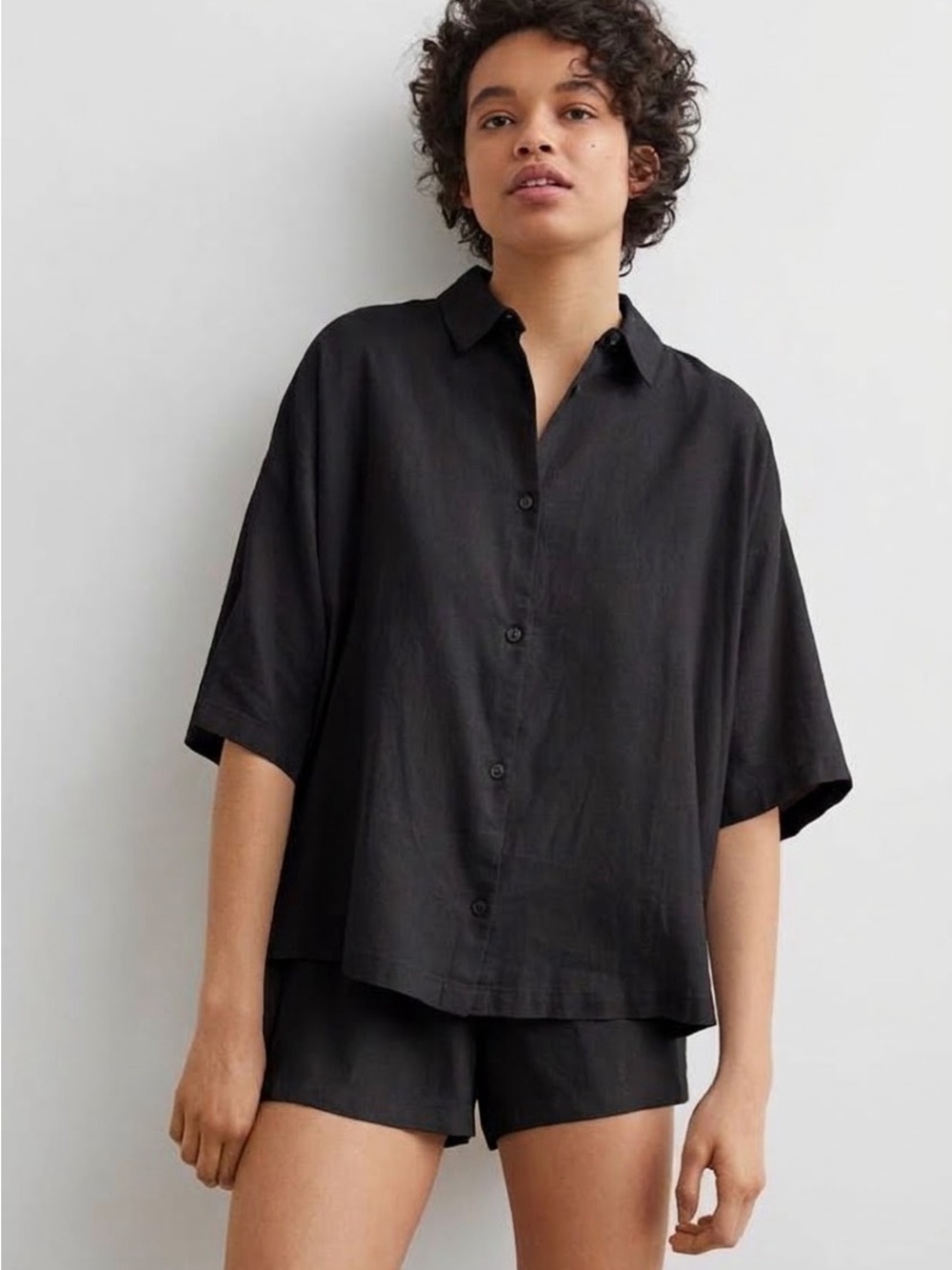 Black Linen Loungewear Short Sleeve Button Down Top & Shorts Pyjama Set - Large